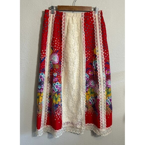 VTG 70s Tumbleweeds Maxi Skirt M/L Lace Red Floral Bohemian Cottagecore - Picture 2 of 9